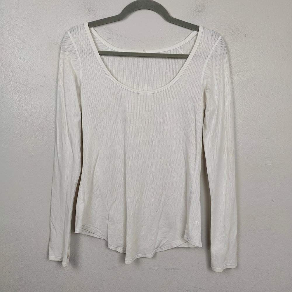 Lululemon Scoopneck Top Womens Small‎ White Perforated Mesh Long Sleeve Running